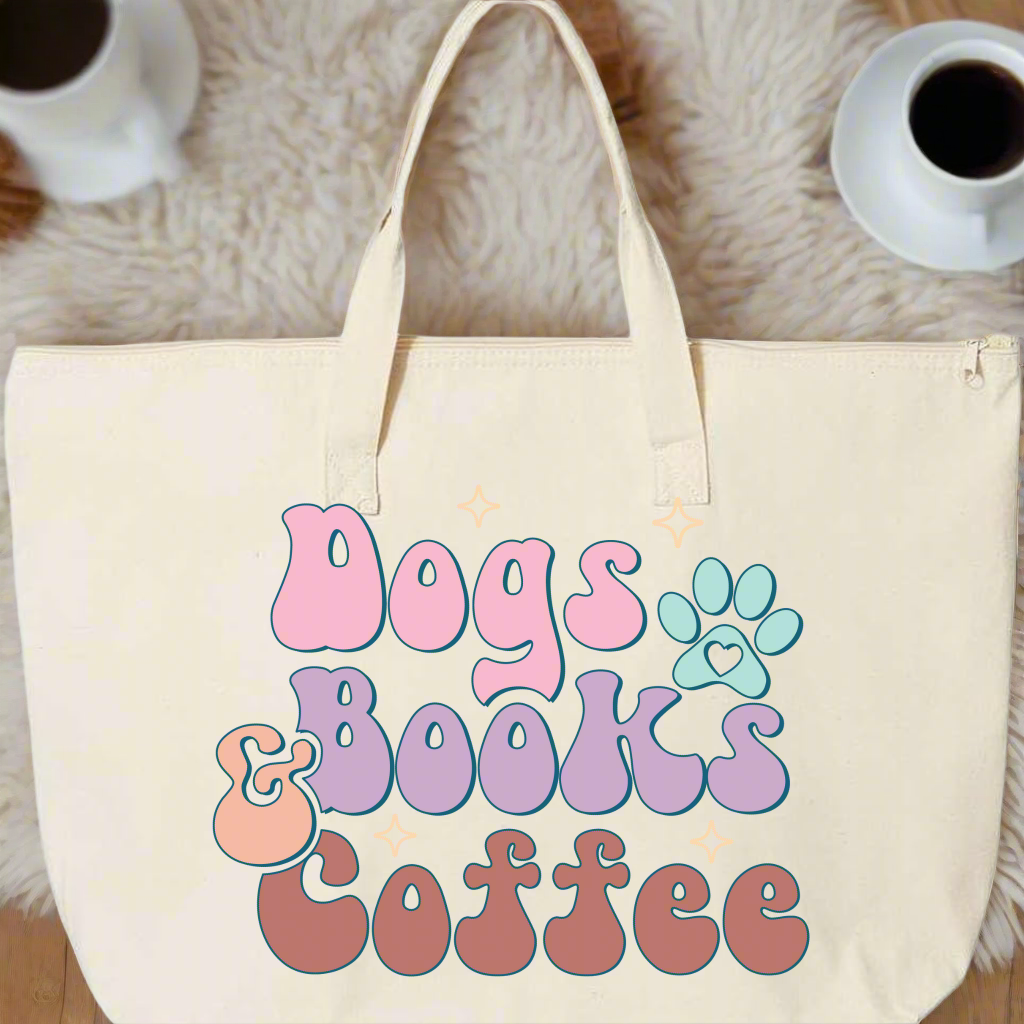 Luxe Dogs, Books & Coffee Zippered Canvas Tote – Premium & Spacious Book Lover Bag PRE-ORDER