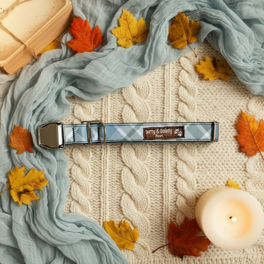 Boho Blue Plaid Dog Collar | Eco-Friendly, Waterproof & NO Stink