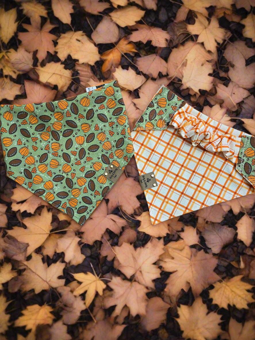Fall Football, Pumpkins| Orange Plaid Cozy Cotton Reversible Scrunchie Dog Bandanas