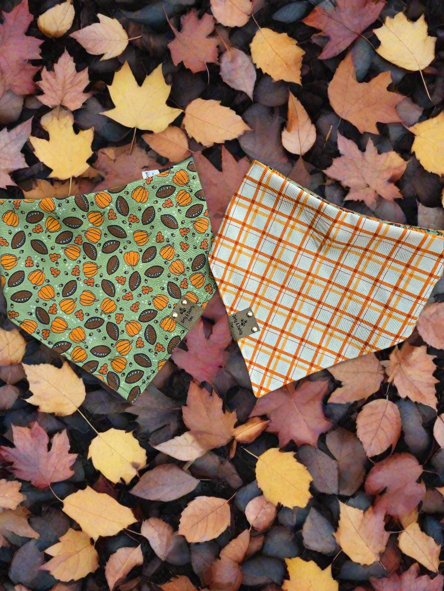 Fall Football, Pumpkins| Orange Plaid Cozy Cotton Reversible Scrunchie Dog Bandanas