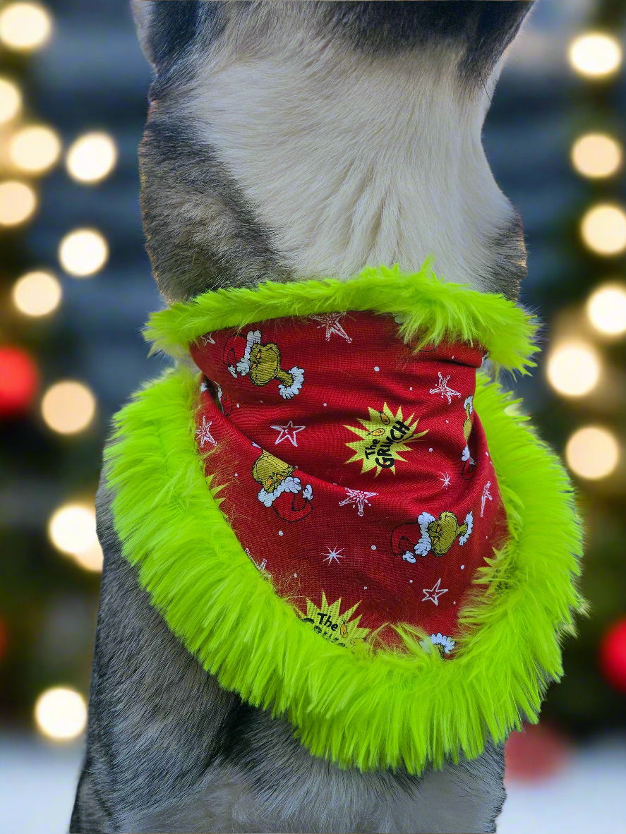 Grinchy Christmas Reversible Scrunchie Dog Bandana with Grinch Trim