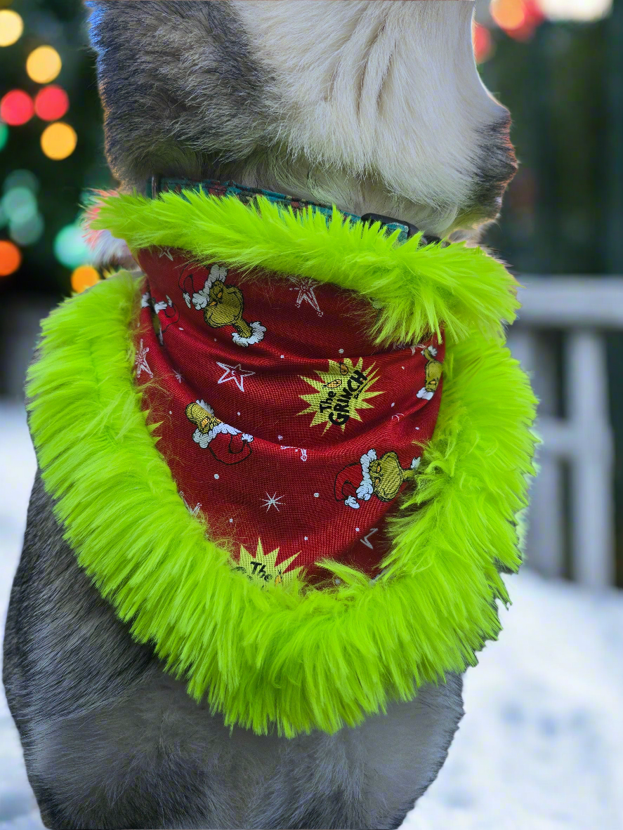 Grinchy Christmas Reversible Scrunchie Dog Bandana with Grinch Trim