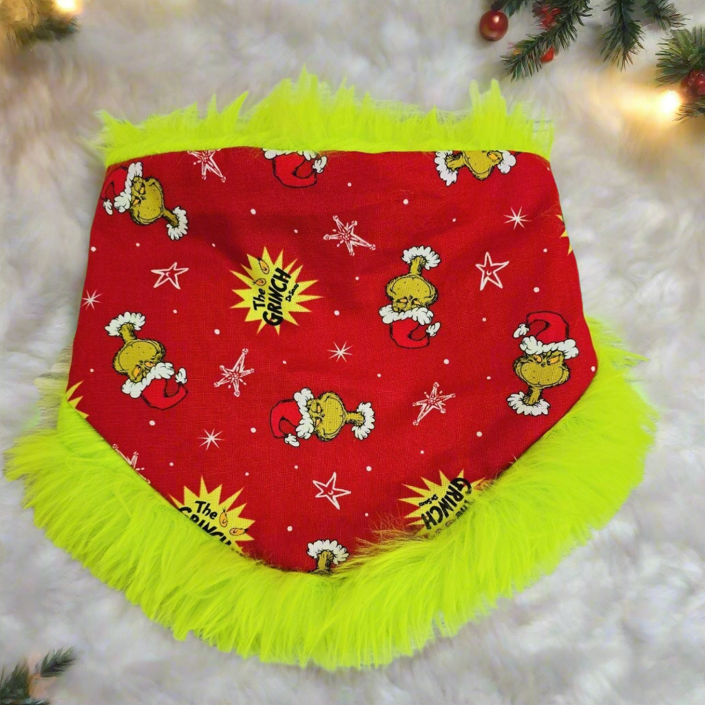 Grinchy Christmas Reversible Scrunchie Dog Bandana with Grinch Trim