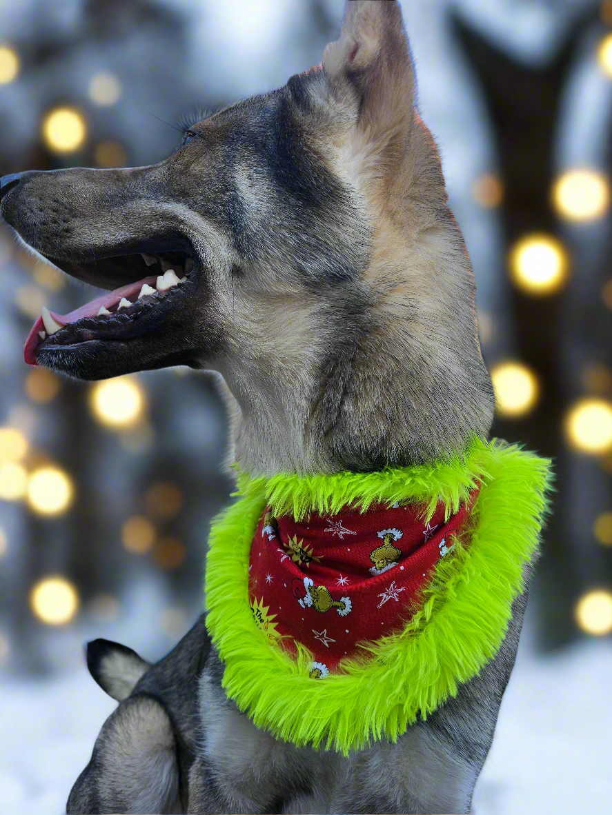 Grinchy Christmas Reversible Scrunchie Dog Bandana with Grinch Trim