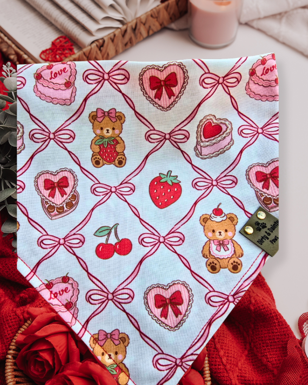 Teddy Bears, Chocolates & Mini Hearts| Cozy Cotton Reversible Scrunchie Dog Bandana –