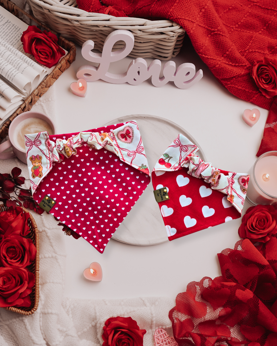 Teddy Bears, Chocolates & Mini Hearts| Cozy Cotton Reversible Scrunchie Dog Bandana –