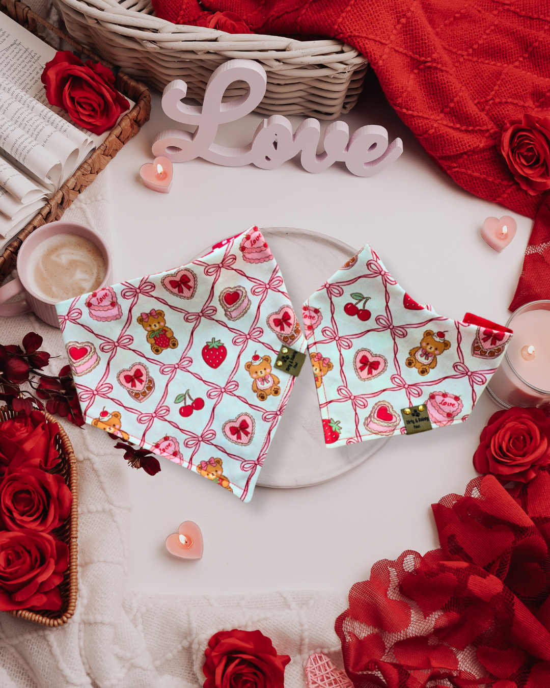 Teddy Bears, Chocolates & Mini Hearts| Cozy Cotton Reversible Scrunchie Dog Bandana –