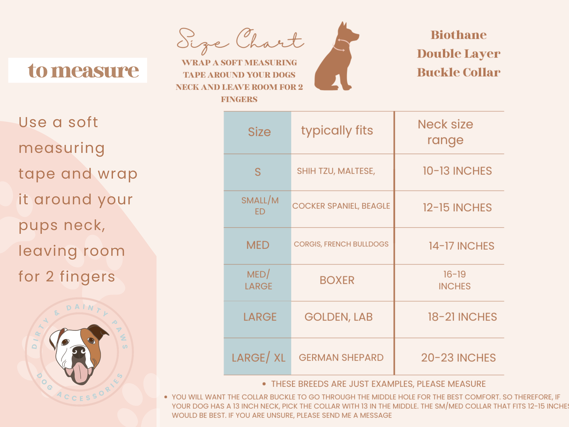 Dog collar size chart with measurements for different breeds