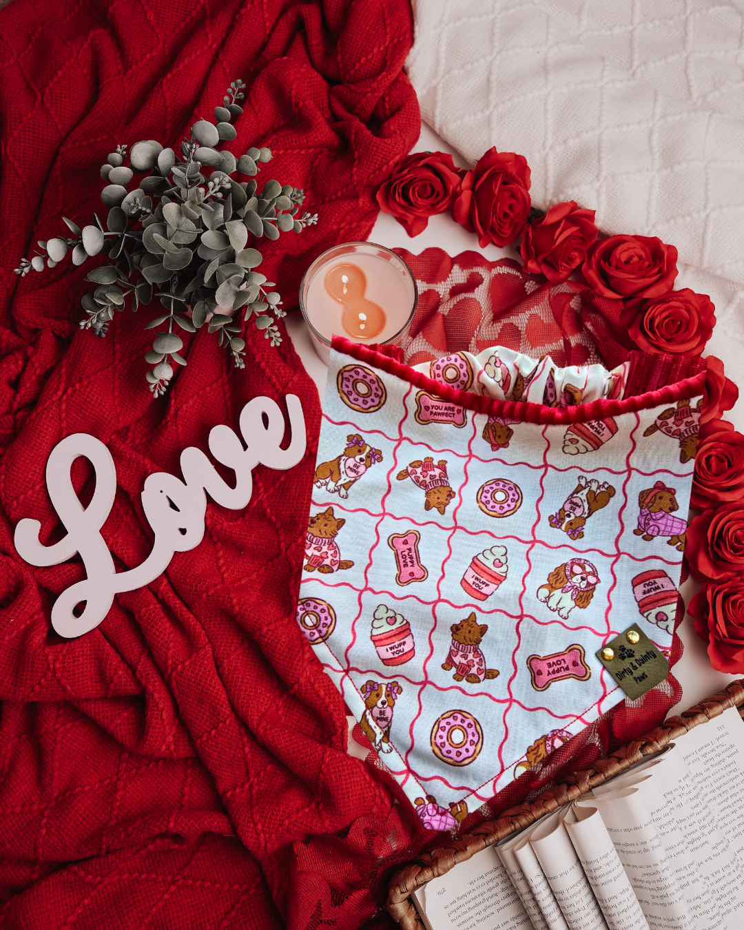 Puppy Love & Red Velvet Corduroy| Cozy Cotton Reversible Scrunchie Dog Bandana