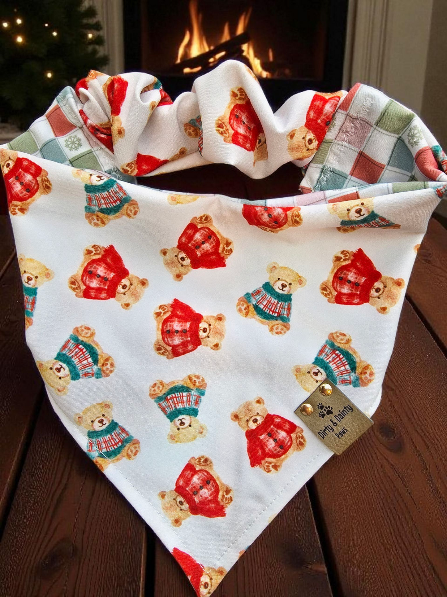 Cozy Teddy Bears| Neutral Plaid with Snowflakes ZoomieProof™ Reversible Scrunchie Dog Bandana