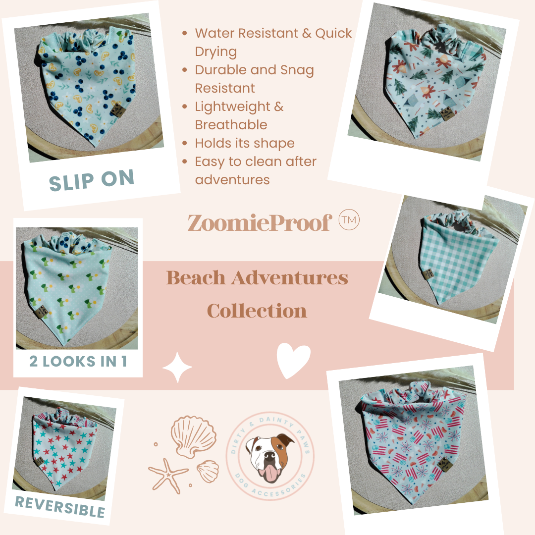 ZoomieProof beach-themed bandana with reversible design on a light pink background
