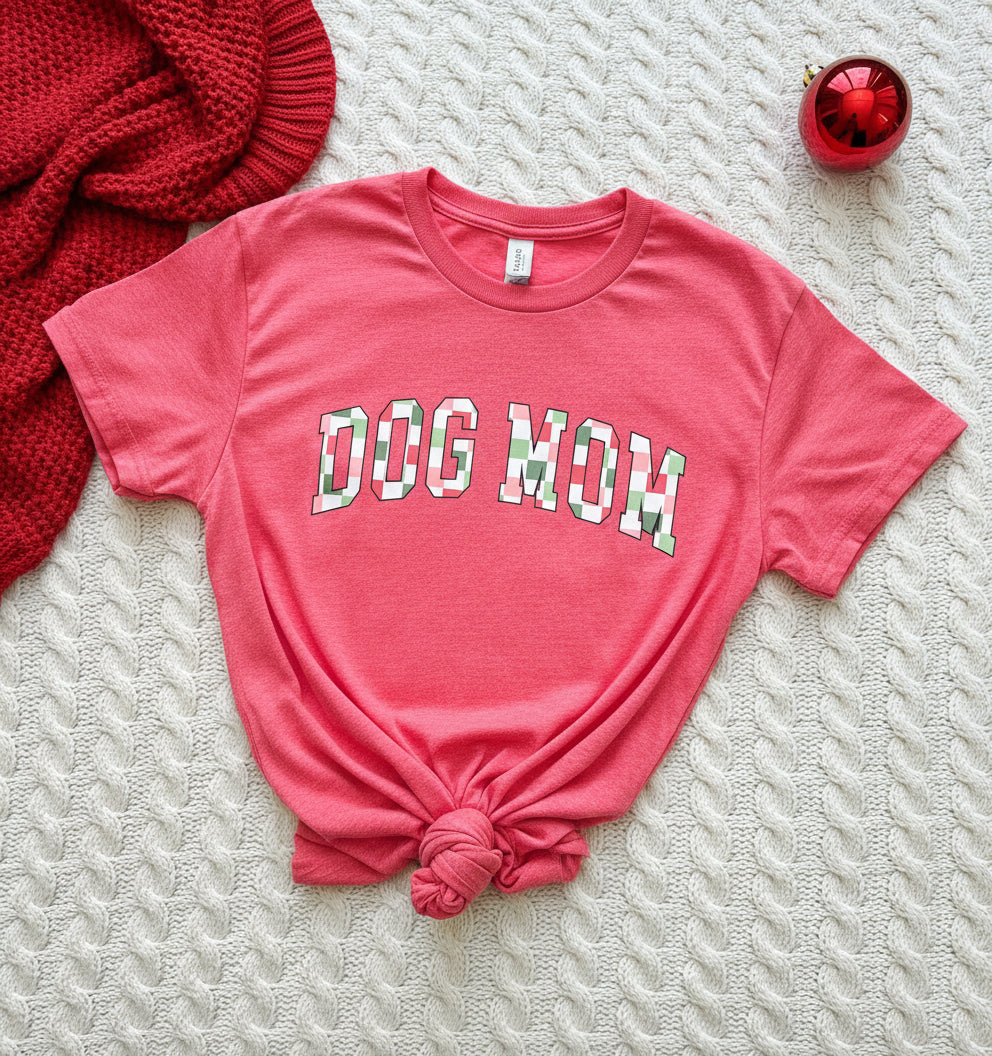 Dog Mom Christmas Plaid T-Shirt in Heather Red Gildan heavy cotton