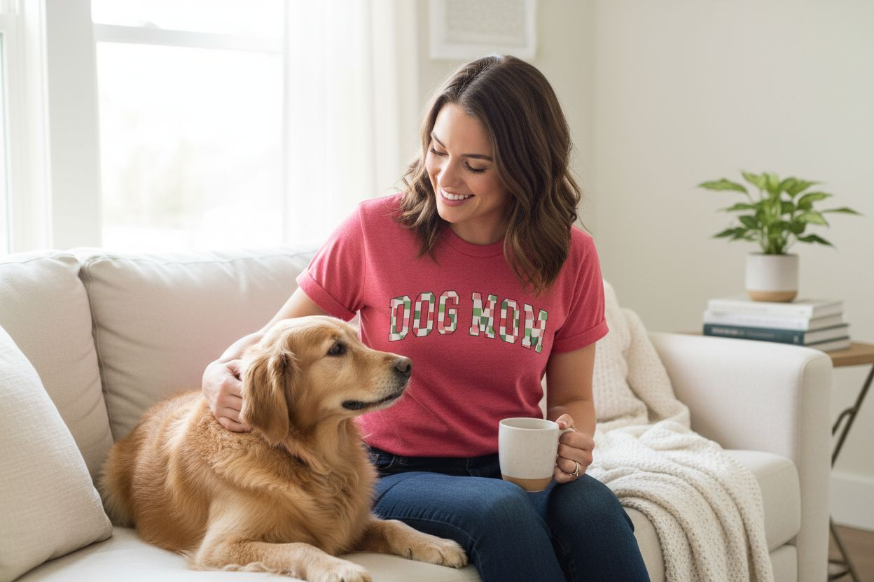 Woman in heather red 'DOG MOM' xmas plaid shirt sitting on a couch with a dog, holding a mug.