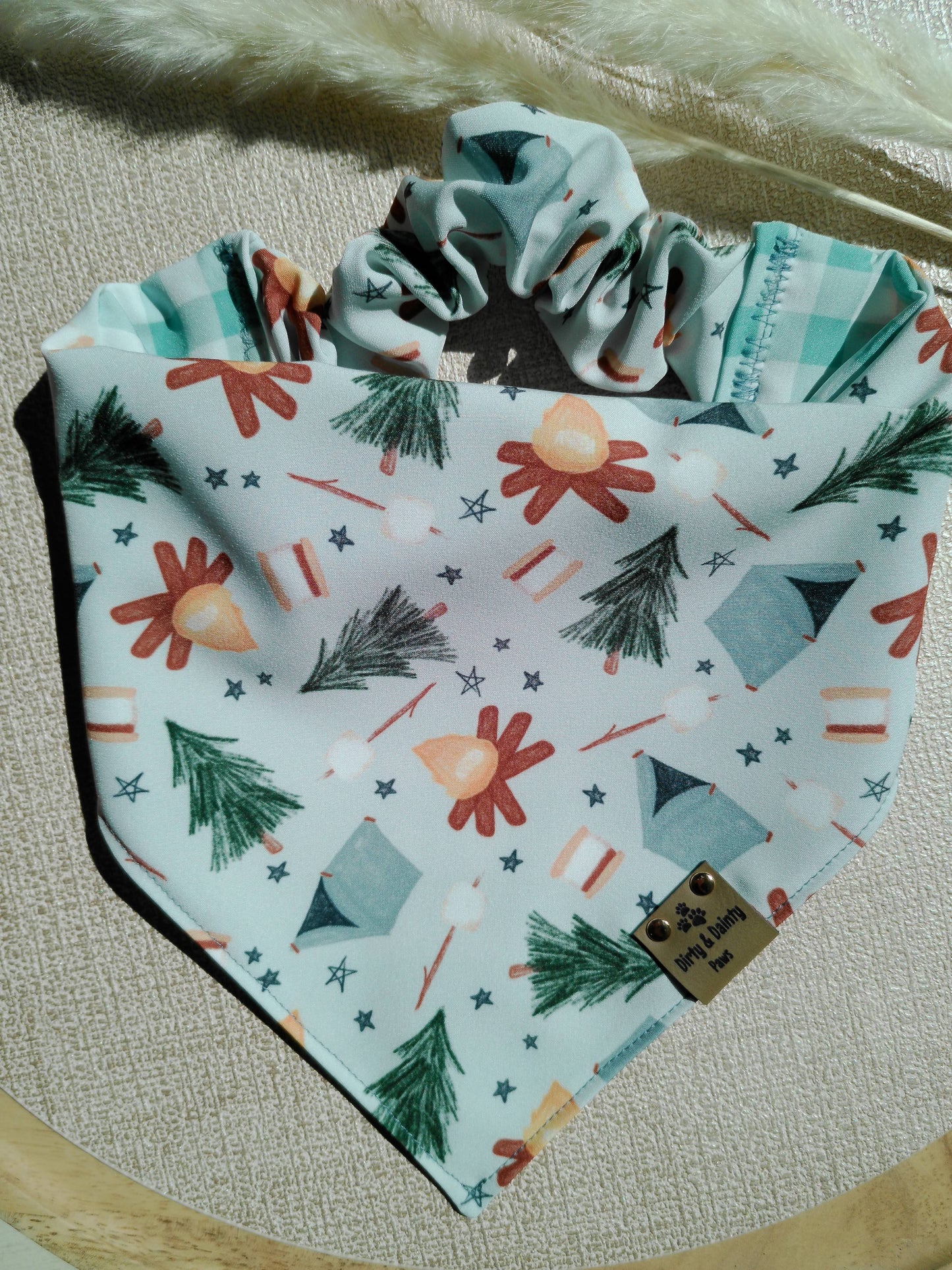 Watercolor Camping| Gingham ZoomieProof™ Reversible Scrunchie Dog Bandana