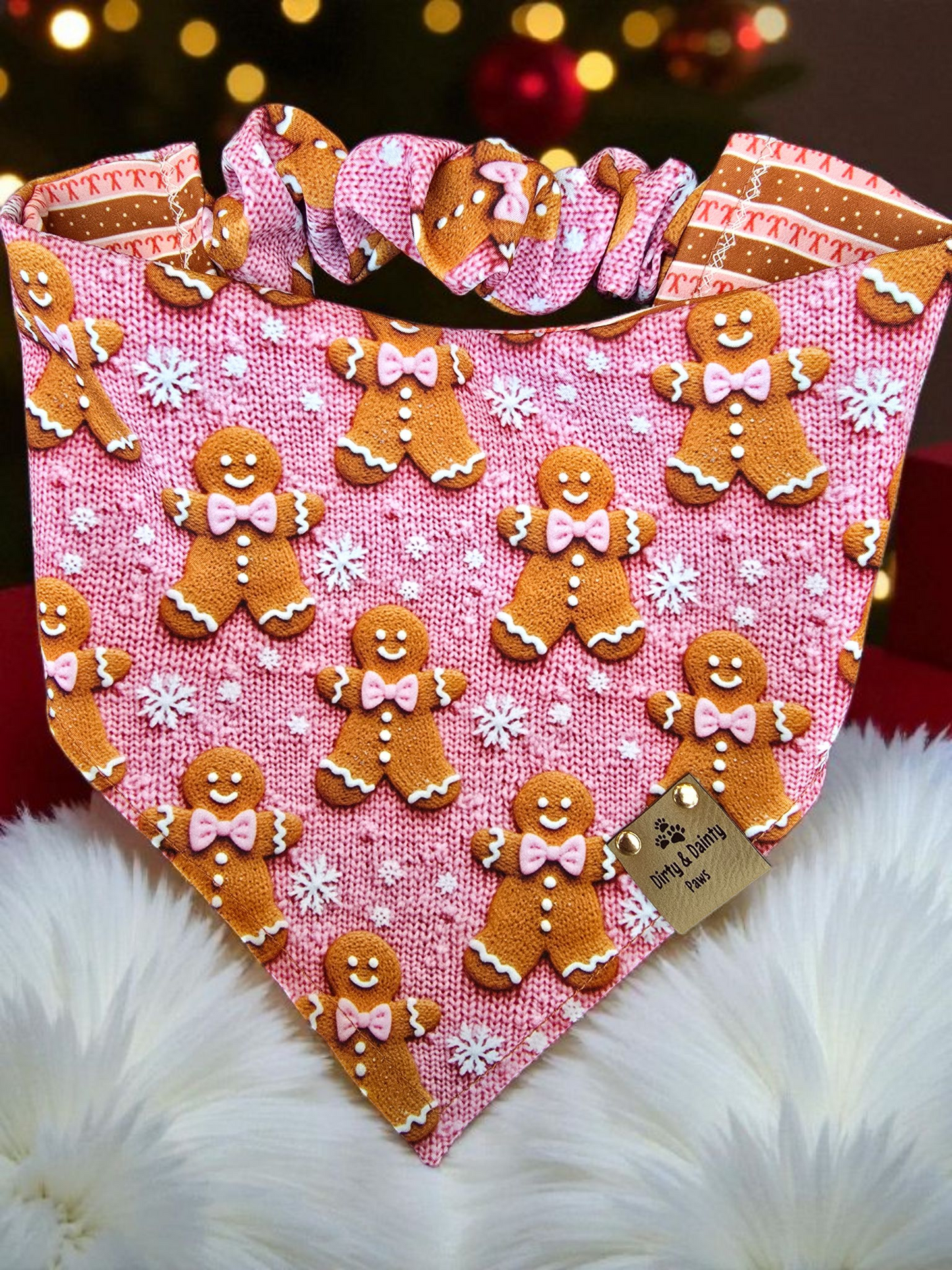 3D Embroidered Gingerbread Man & Candy Canes ZoomieProof™ Dog Bandana – Reversible Scrunchie Bandana  Holiday Accessory