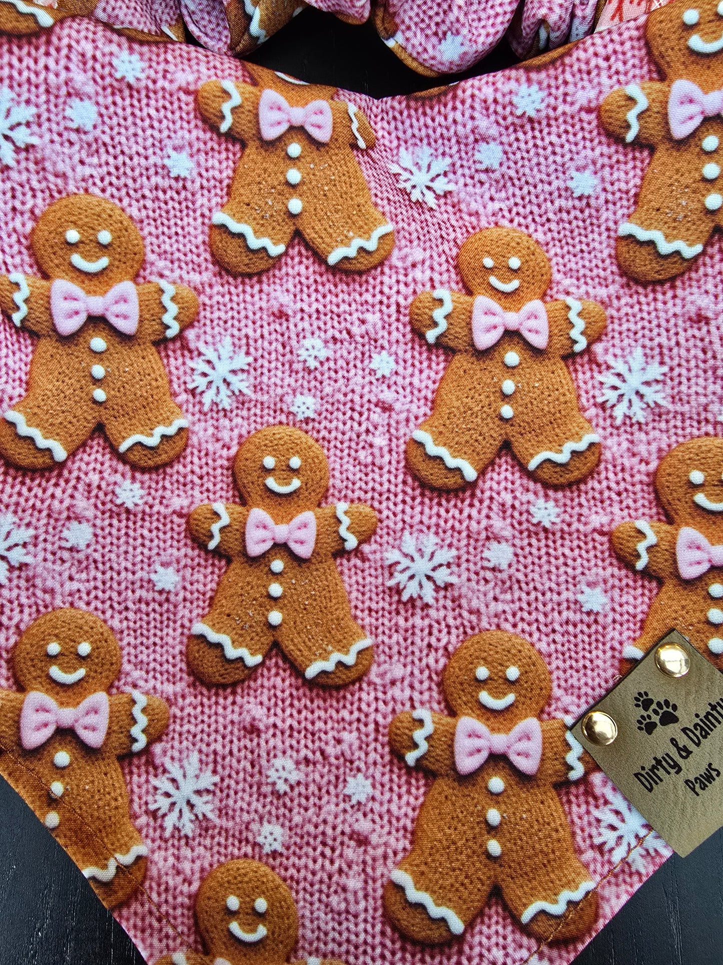 3D Embroidered Gingerbread Man & Candy Canes ZoomieProof™ Dog Bandana – Reversible Scrunchie Bandana  Holiday Accessory