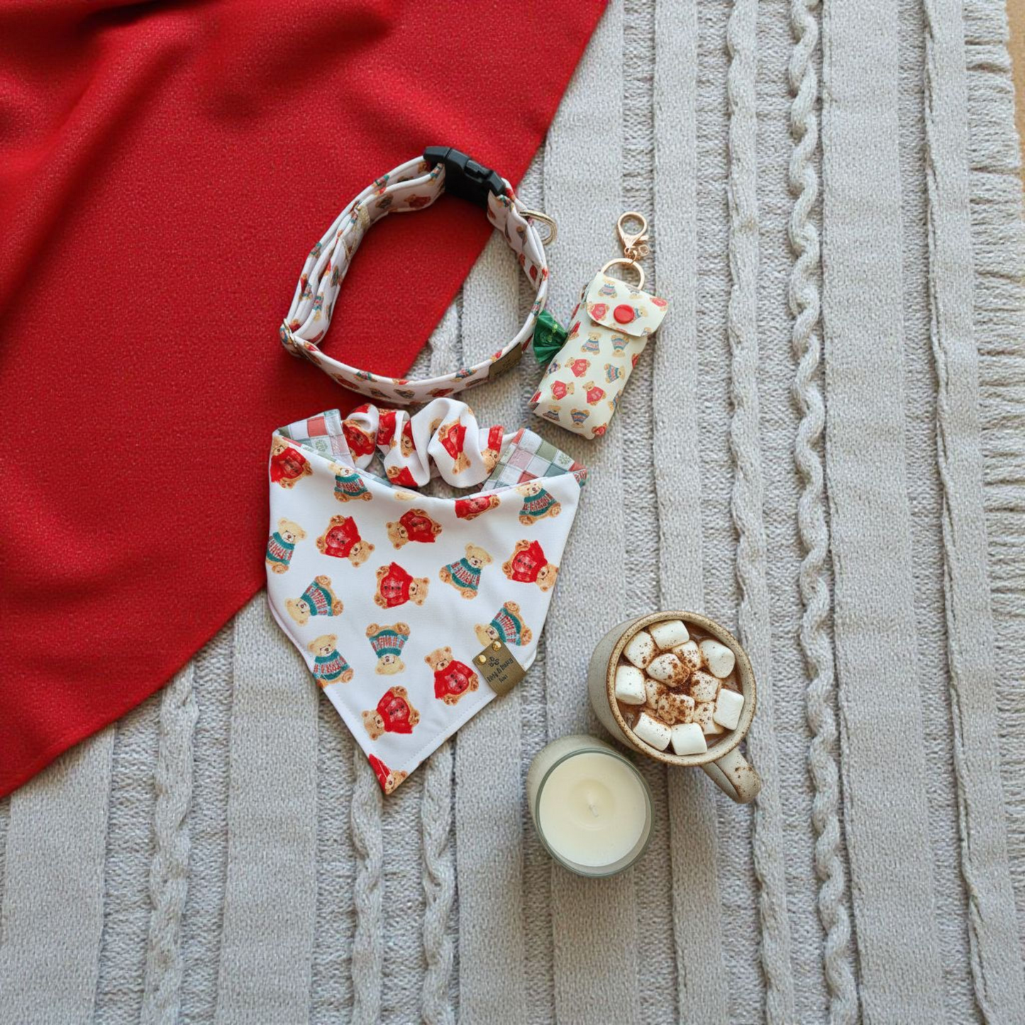 Cozy Teddy Bears| Neutral Plaid with Snowflakes ZoomieProof™ Reversible Scrunchie Dog Bandana