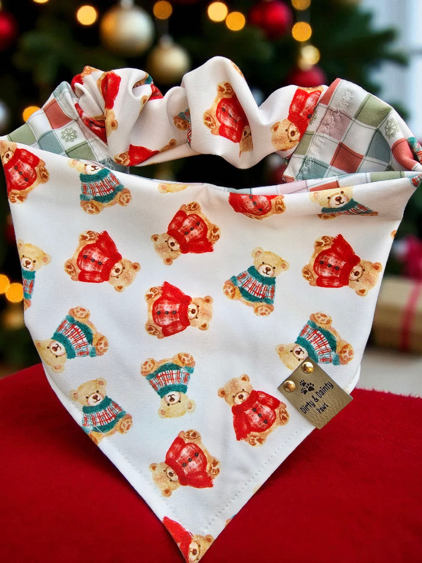 Cozy Teddy Bears| Neutral Plaid with Snowflakes ZoomieProof™ Reversible Scrunchie Dog Bandana