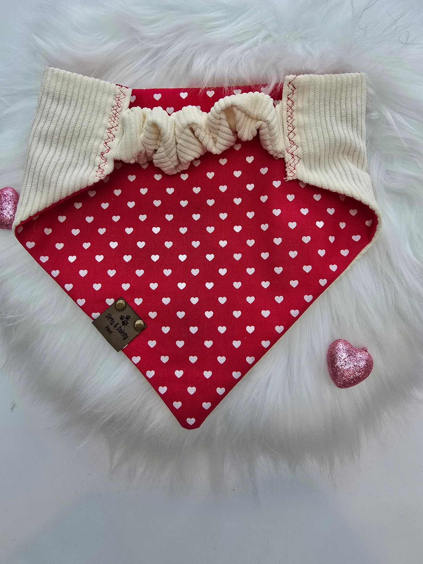 Glitter Hearts Corduroy/ Red and White Hearts Reversible Scrunchie Dog Bandana