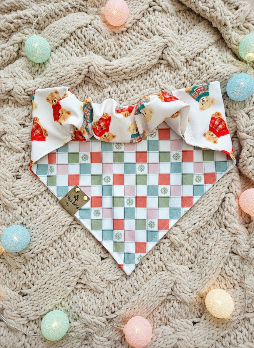 Cozy Teddy Bears| Neutral Plaid with Snowflakes ZoomieProof™ Reversible Scrunchie Dog Bandana