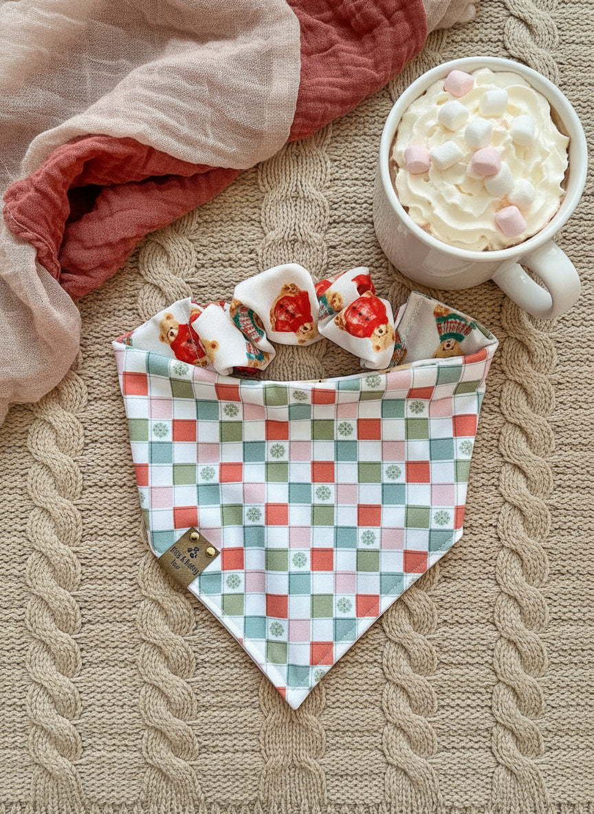 Cozy Teddy Bears| Neutral Plaid with Snowflakes ZoomieProof™ Reversible Scrunchie Dog Bandana