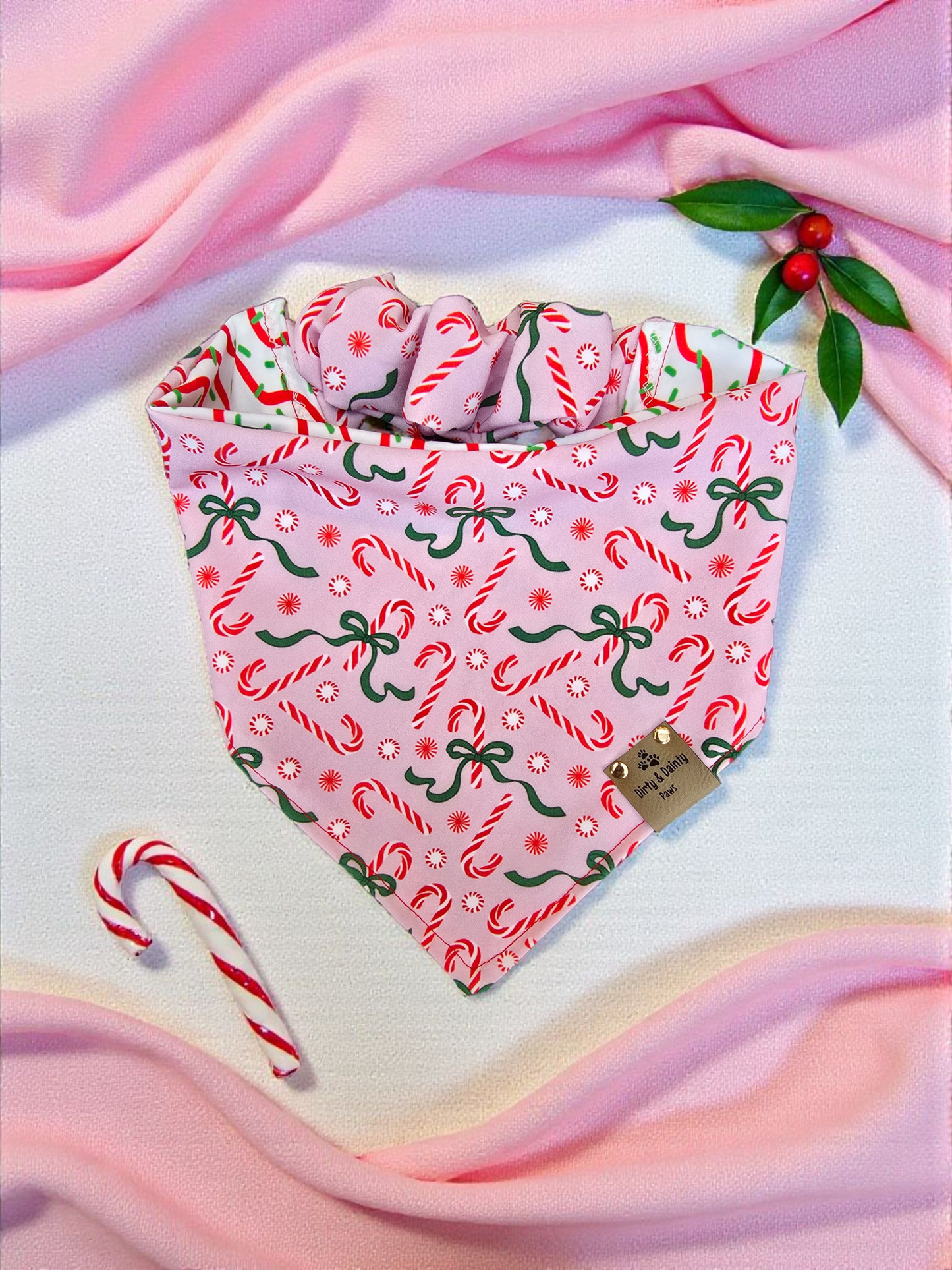 Candy Cane Cutie | Christmas Tree Cakes ZoomieProof™ Reversible Scrunchie Dog Bandana |Soft Polyester Holiday Accessory