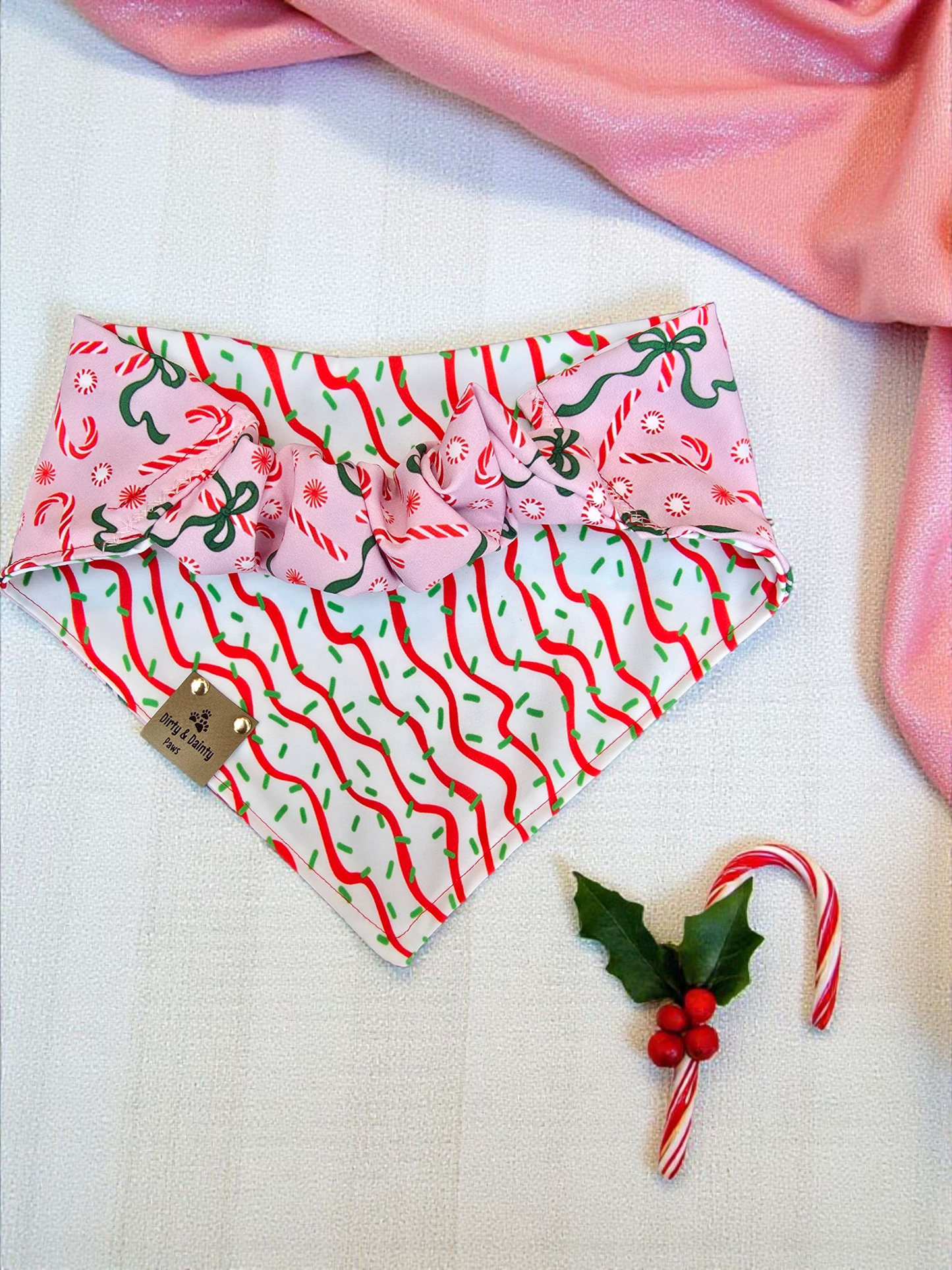 Candy Cane Cutie | Christmas Tree Cakes ZoomieProof™ Reversible Scrunchie Dog Bandana |Soft Polyester Holiday Accessory