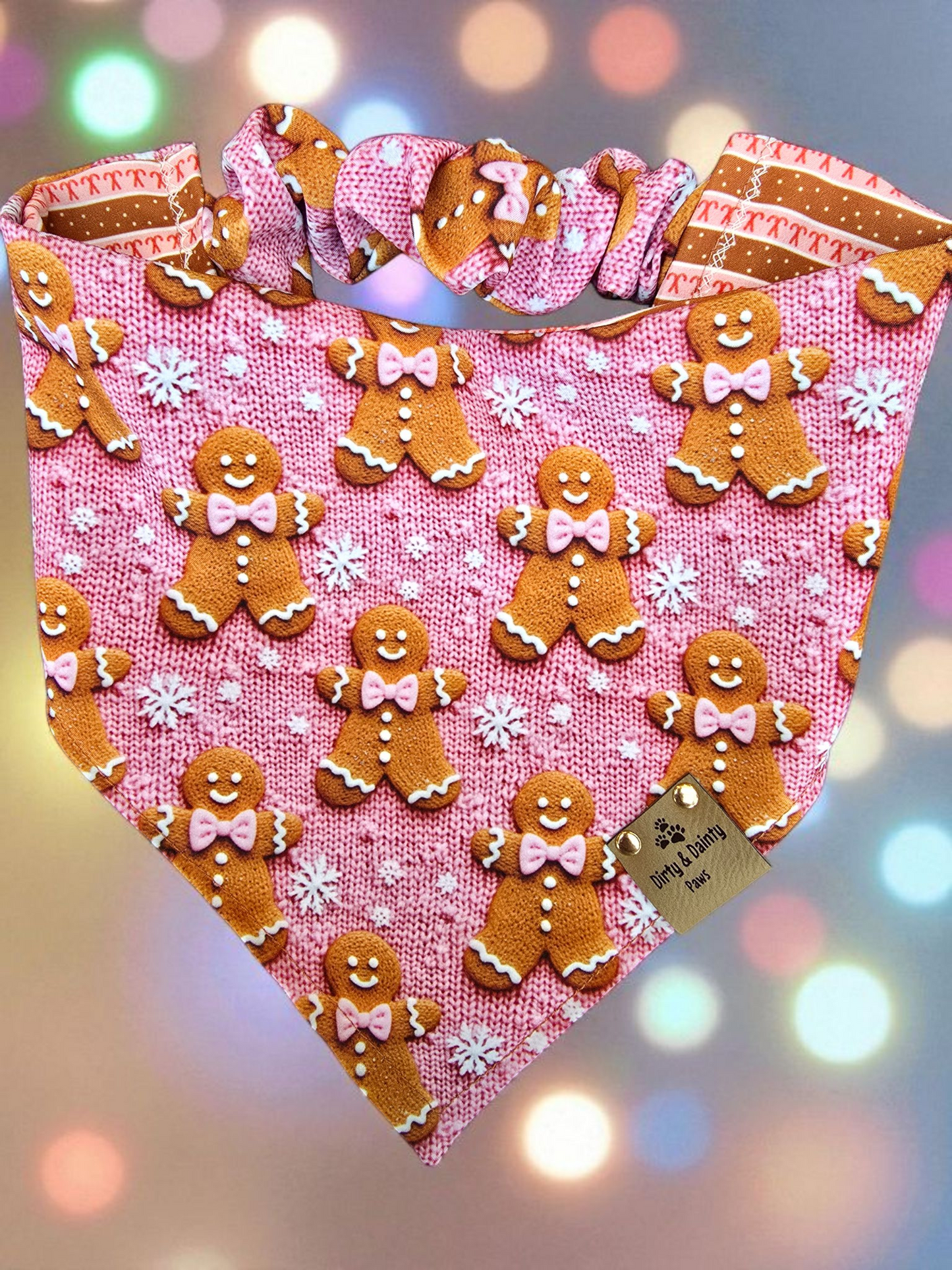 3D Embroidered Gingerbread Man & Candy Canes ZoomieProof™ Dog Bandana – Reversible Scrunchie Bandana  Holiday Accessory