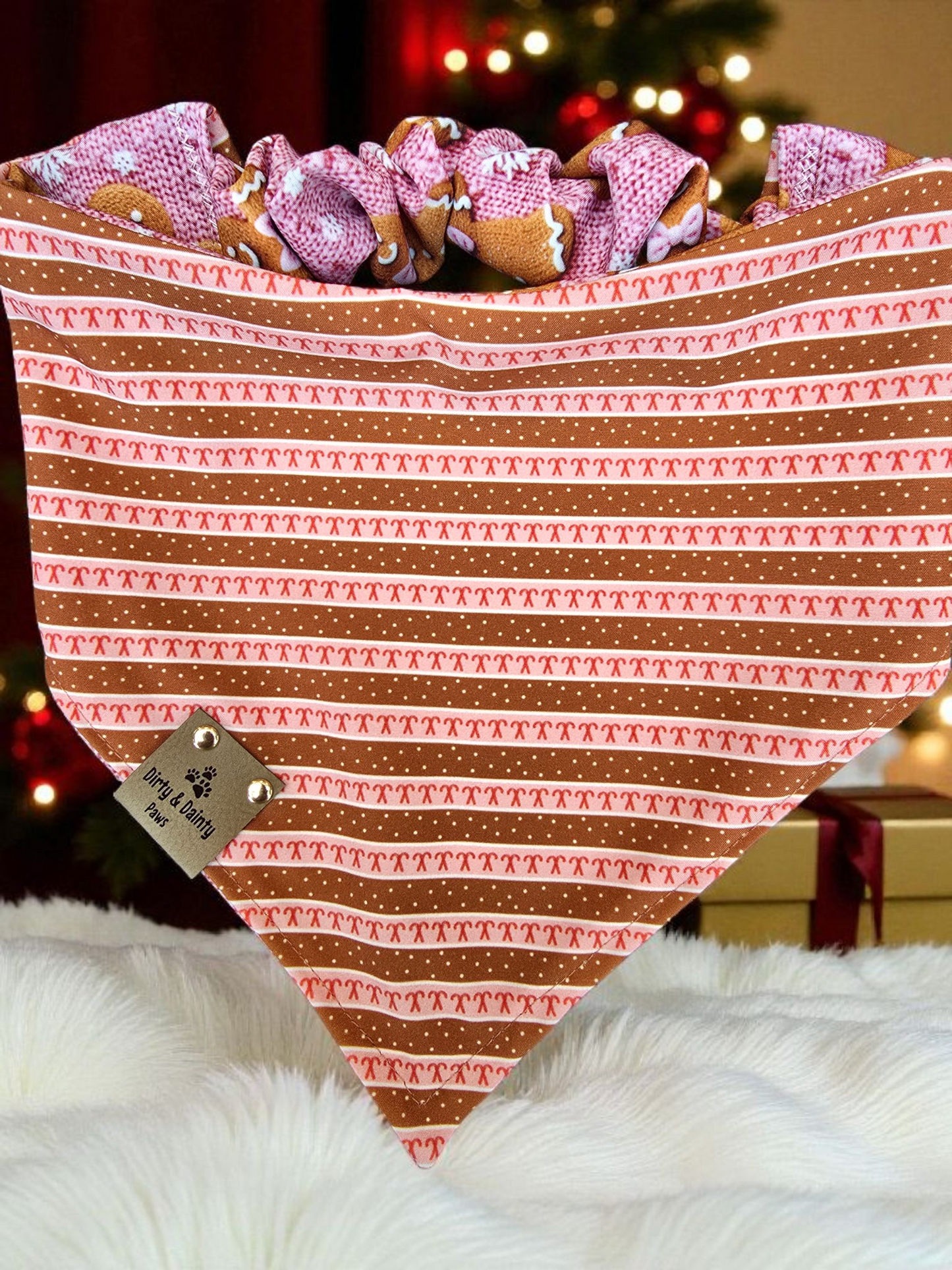 3D Embroidered Gingerbread Man & Candy Canes ZoomieProof™ Dog Bandana – Reversible Scrunchie Bandana  Holiday Accessory