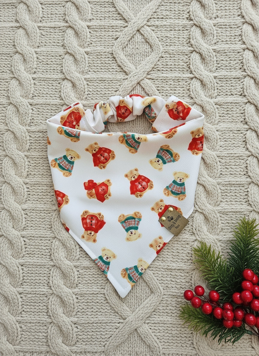 Cozy Teddy Bears| Neutral Plaid with Snowflakes ZoomieProof™ Reversible Scrunchie Dog Bandana