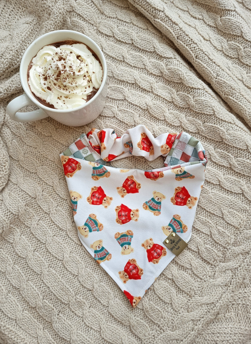 Cozy Teddy Bears| Neutral Plaid with Snowflakes ZoomieProof™ Reversible Scrunchie Dog Bandana