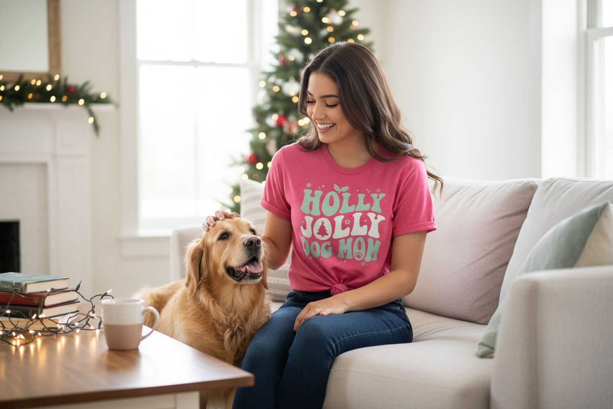 Woman sitting on a couch with a dog, wearing a Heather Red 'Holly Jolly Dog Mom' shirt in a festive living room.