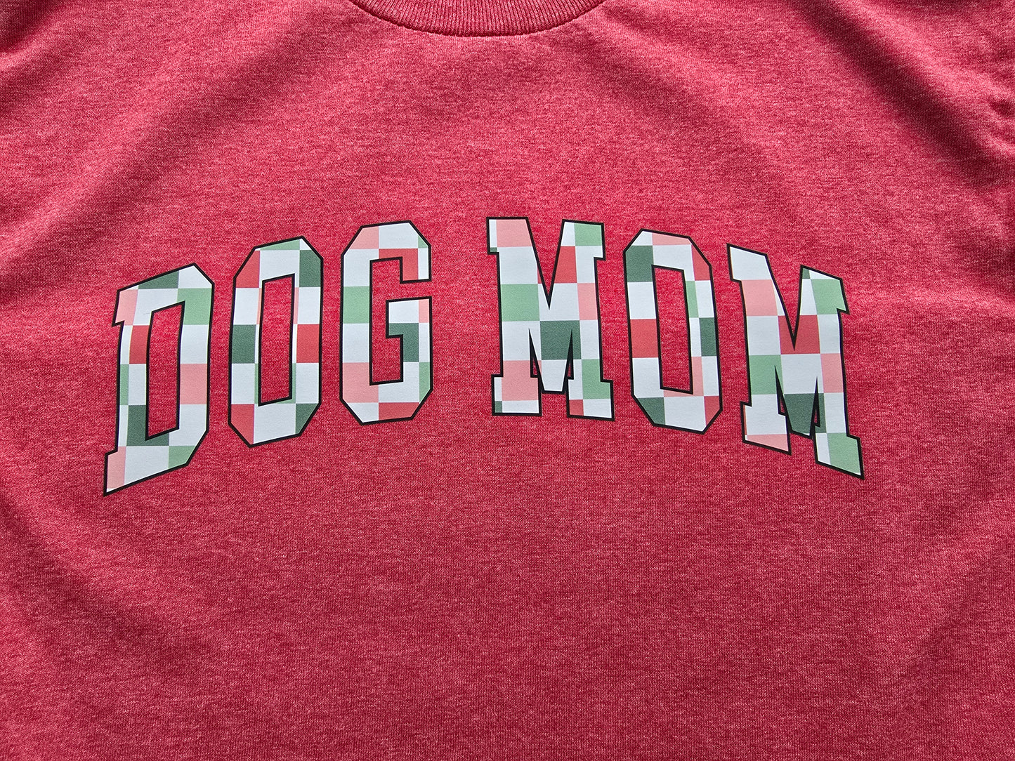 Dog Mom Christmas Plaid T-Shirt in Heather Red Gildan heavy cotton