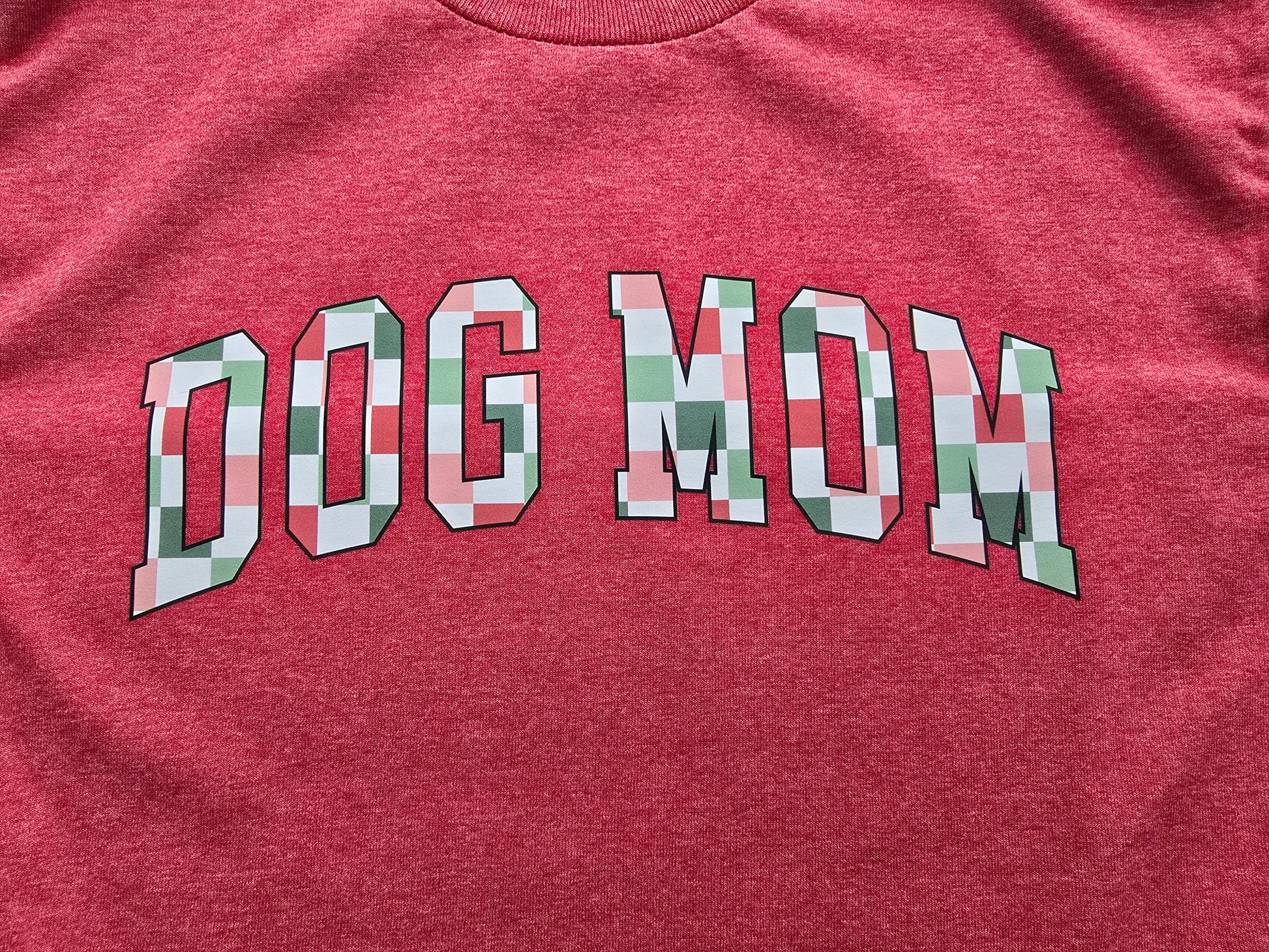 Dog Mom Christmas Plaid T-Shirt in Heather Red Gildan heavy cotton