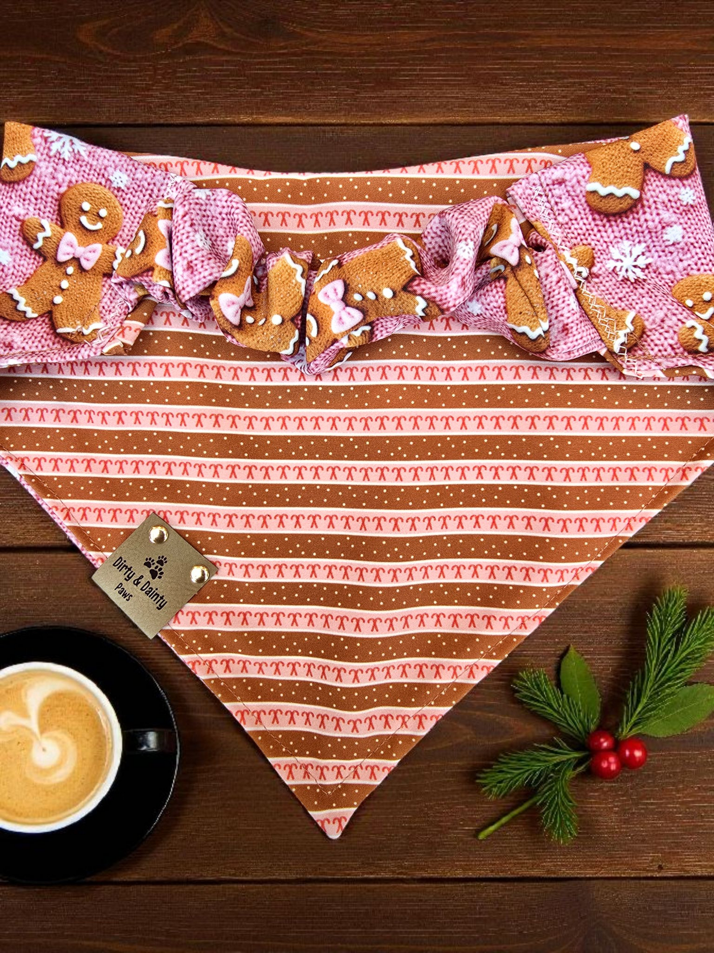 3D Embroidered Gingerbread Man & Candy Canes ZoomieProof™ Dog Bandana – Reversible Scrunchie Bandana  Holiday Accessory