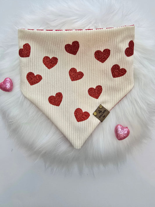 Glitter Hearts Corduroy/ Red and White Hearts Reversible Scrunchie Dog Bandana