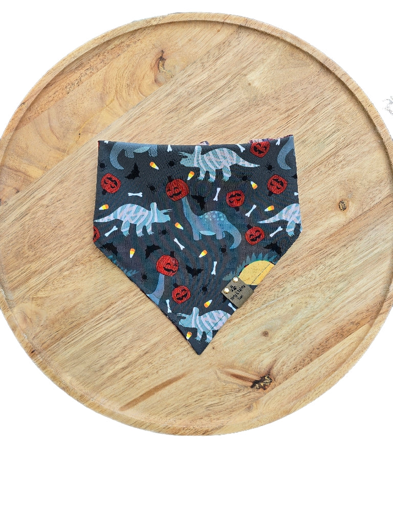 Dino Pumpkin Heads | Plaid ZoomieProof™ Reversible Scrunchie Dog Bandana