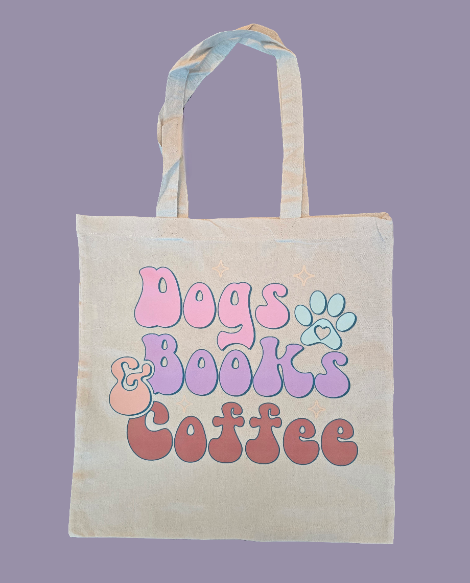 Dogs, Books & Coffee Cotton Canvas Tote Bag – Cute & Aesthetic Book Lover Gift- Basic Tote PRE-ORDER