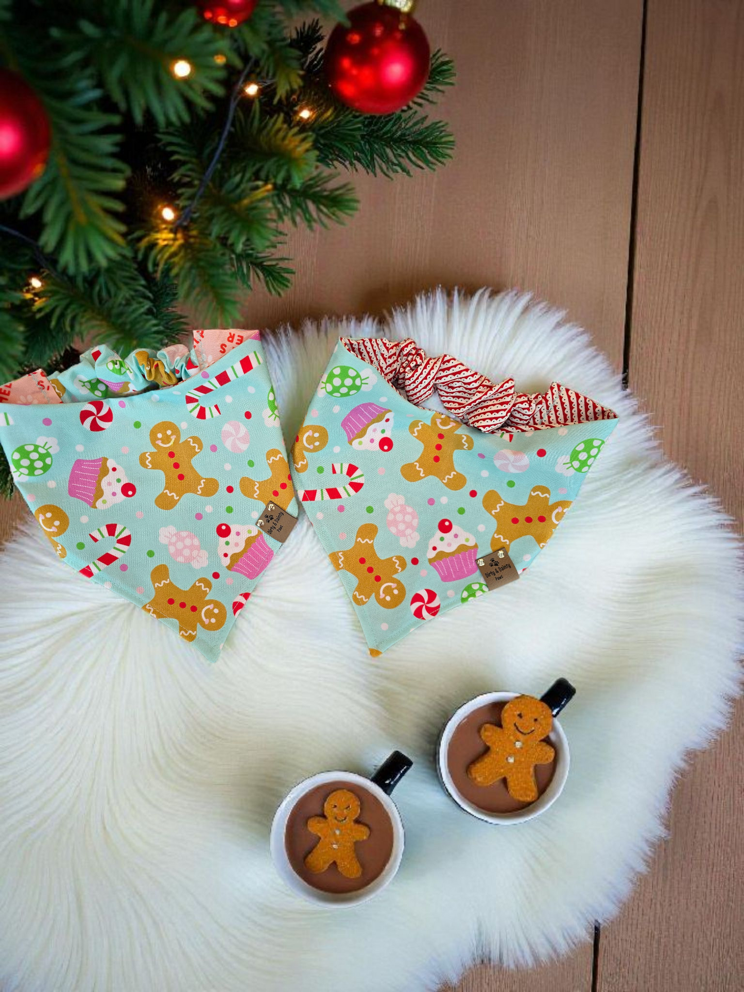 Gingerbread Treats Reversible Scrunchie Dog Bandana | Santa’s Helper or Gingerbread House Print