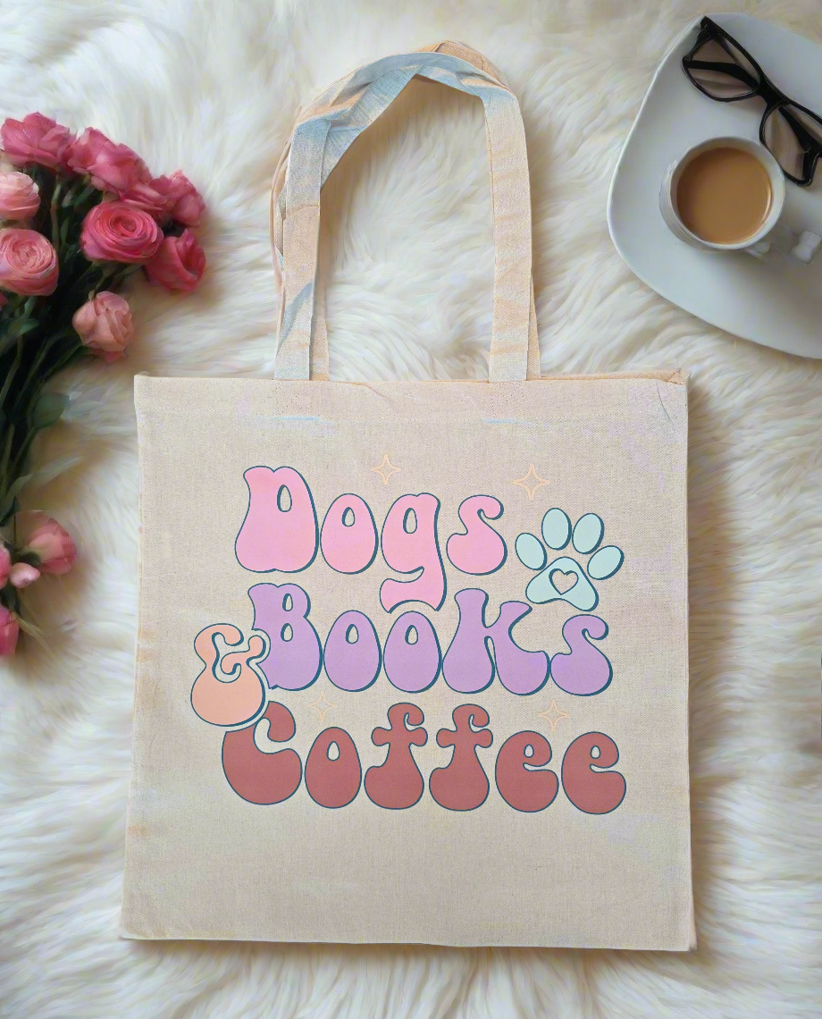 Dogs, Books & Coffee Cotton Canvas Tote Bag – Cute & Aesthetic Book Lover Gift- Basic Tote PRE-ORDER