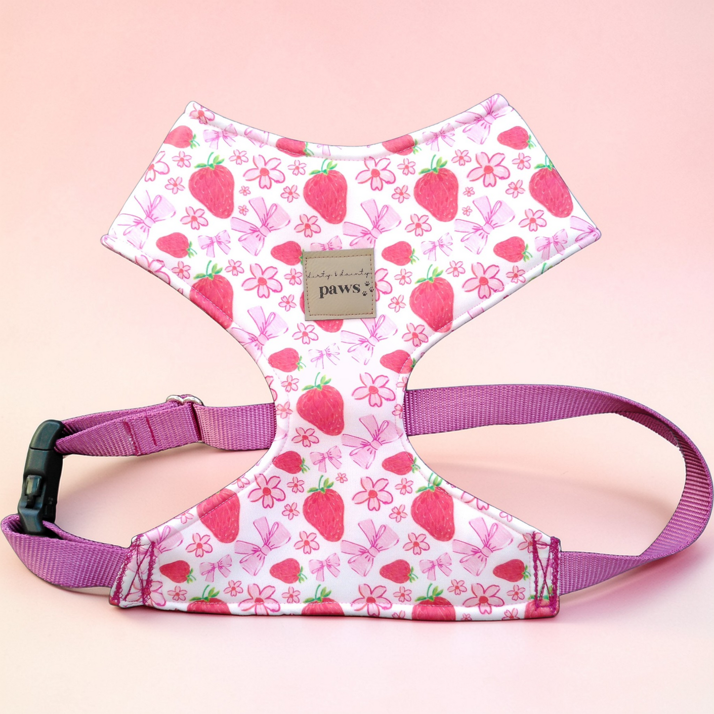 Strawberry and bows  print adjustable neoprene dog harness with pink straps