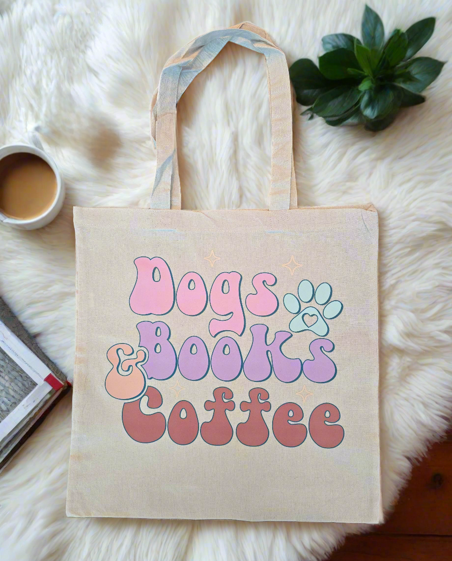 Dogs, Books & Coffee Cotton Canvas Tote Bag – Cute & Aesthetic Book Lover Gift- Basic Tote PRE-ORDER