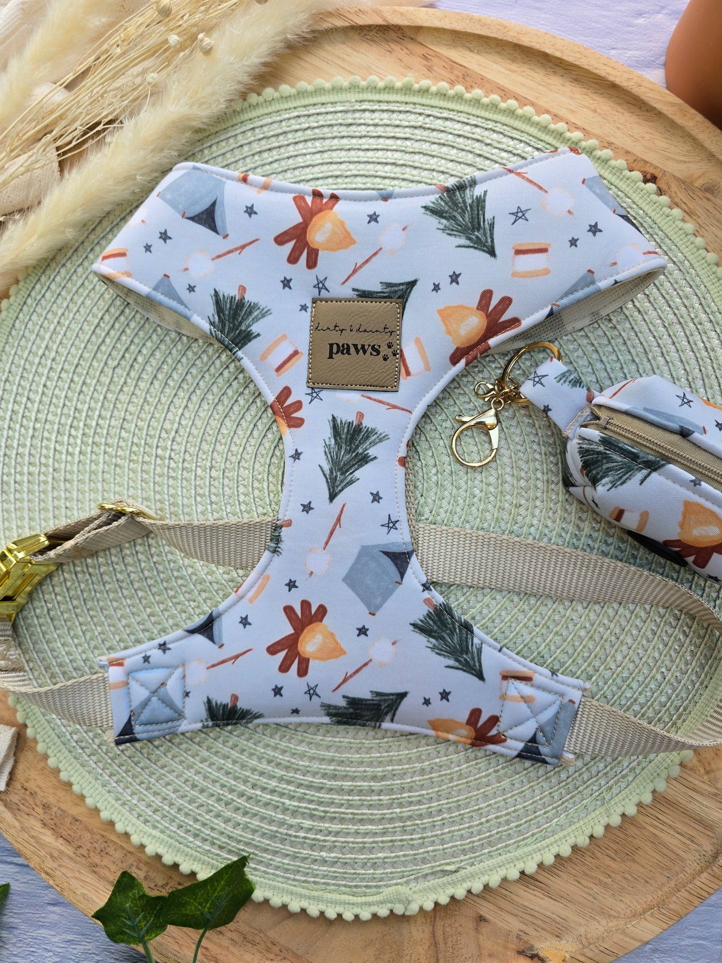 dog harness with watercolor camping print
