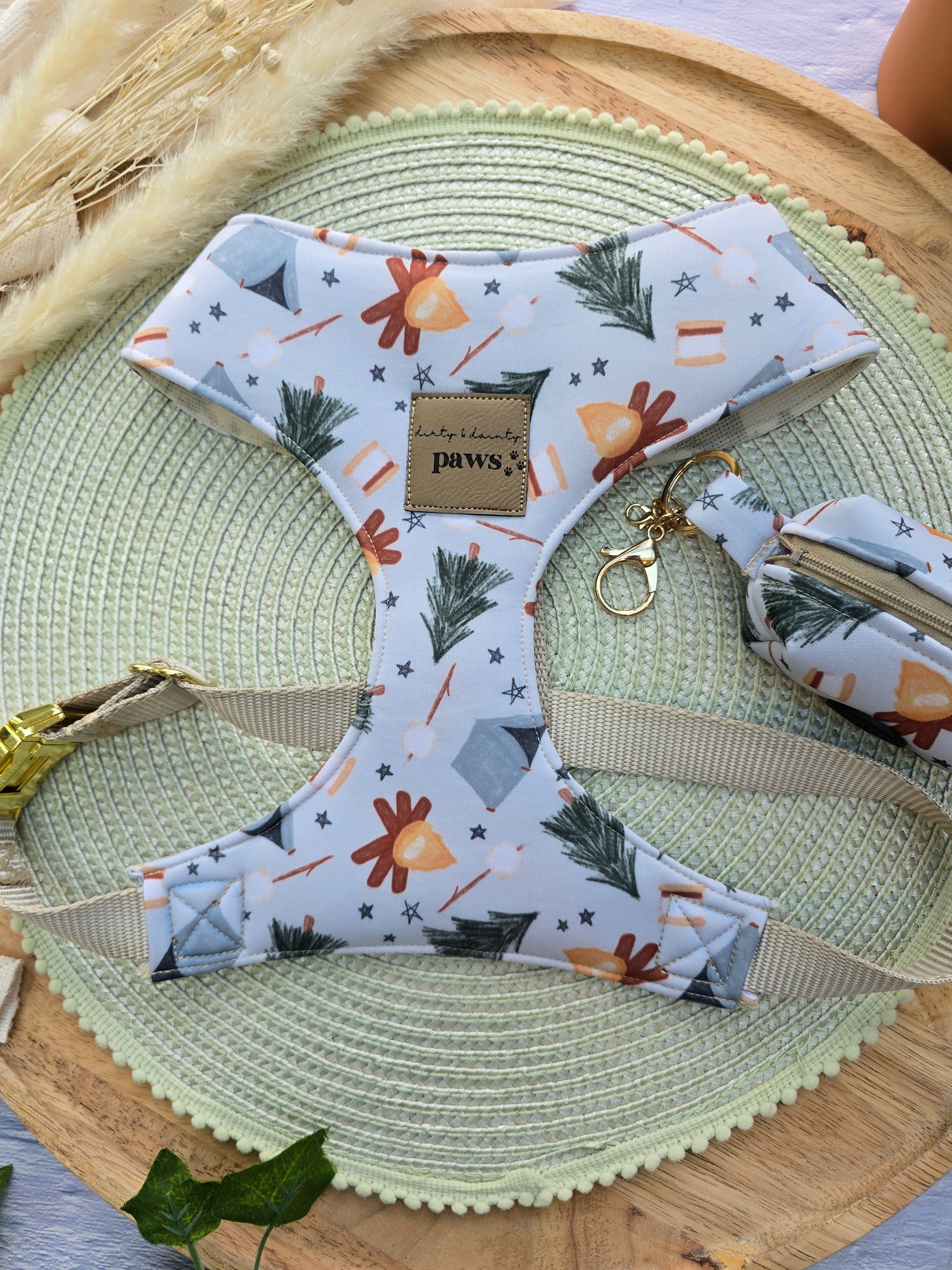 dog harness with watercolor camping print