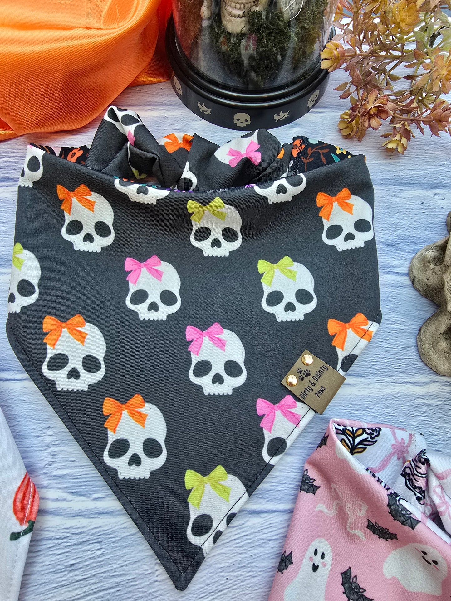Skull| Spooky Garden Reversible Scrunchie Dog Bandana