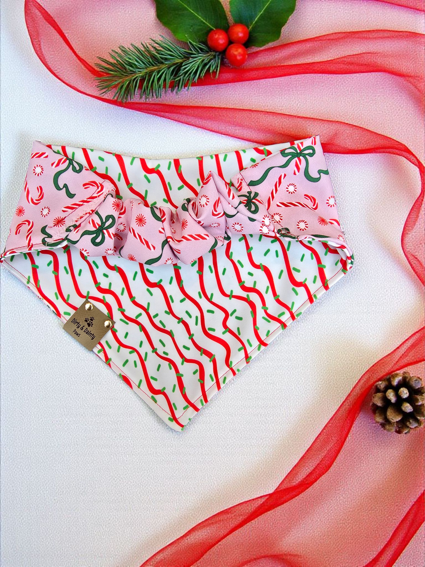 Candy Cane Cutie | Christmas Tree Cakes ZoomieProof™ Reversible Scrunchie Dog Bandana |Soft Polyester Holiday Accessory