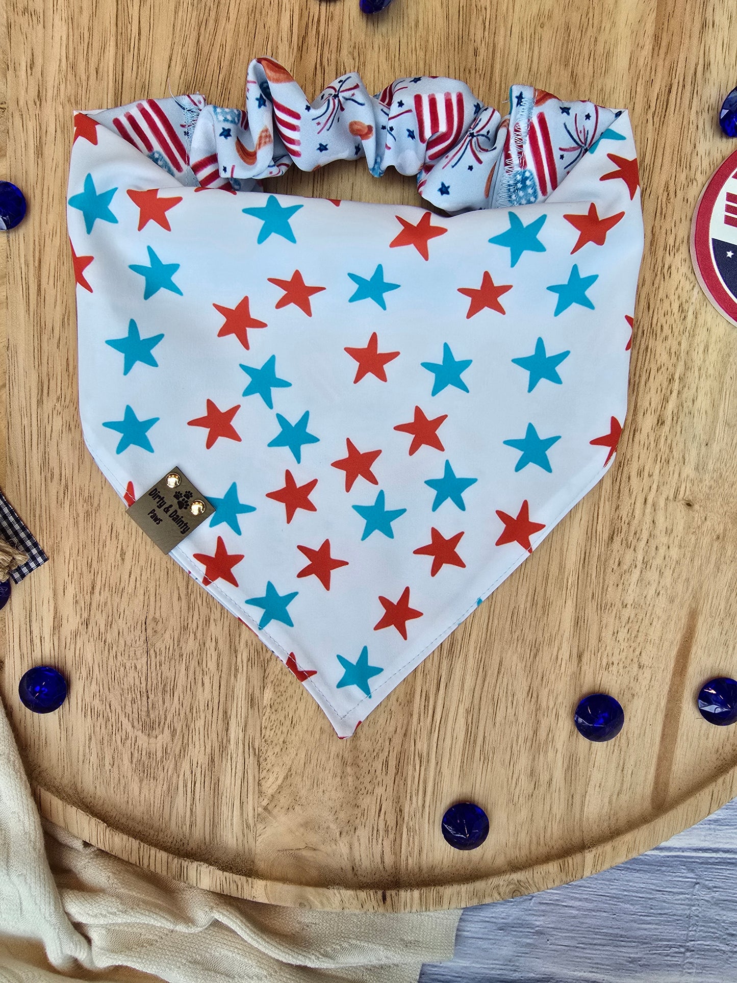 Watercolor 4th of July Party| Patriotic Stars ZoomieProof™ Reversible Scrunchie Dog Bandana