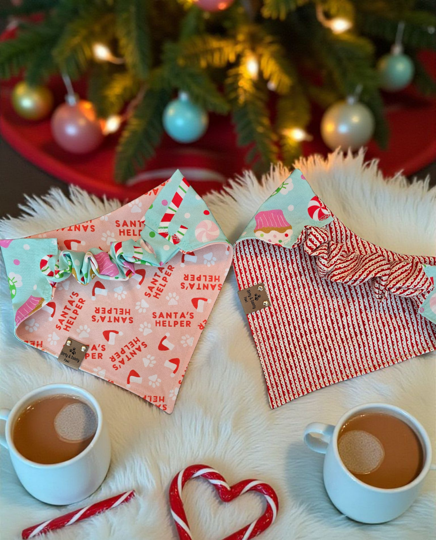 Gingerbread Treats Reversible Scrunchie Dog Bandana | Santa’s Helper or Gingerbread House Print