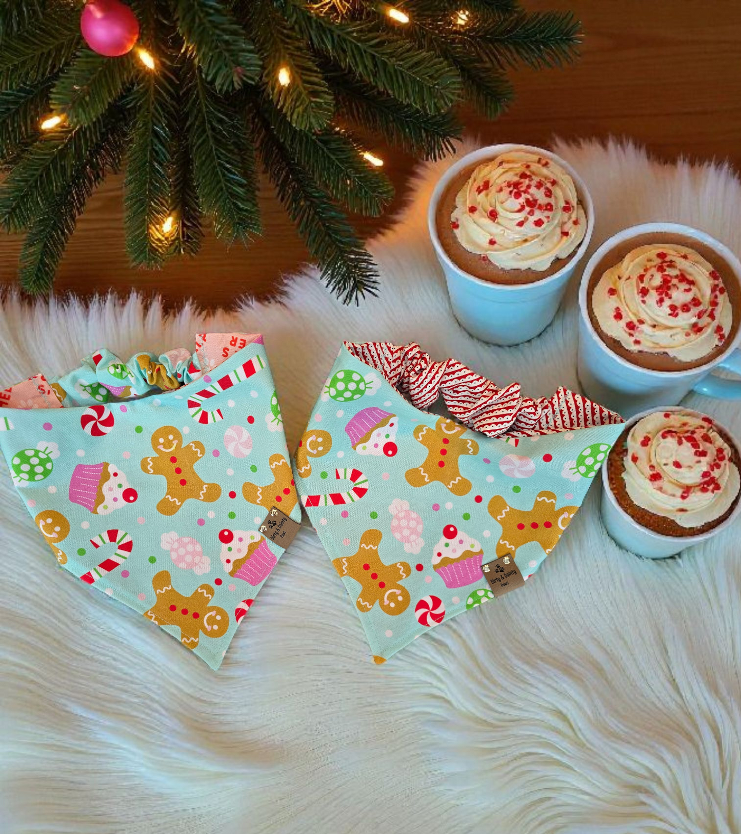 Gingerbread Treats Reversible Scrunchie Dog Bandana | Santa’s Helper or Gingerbread House Print