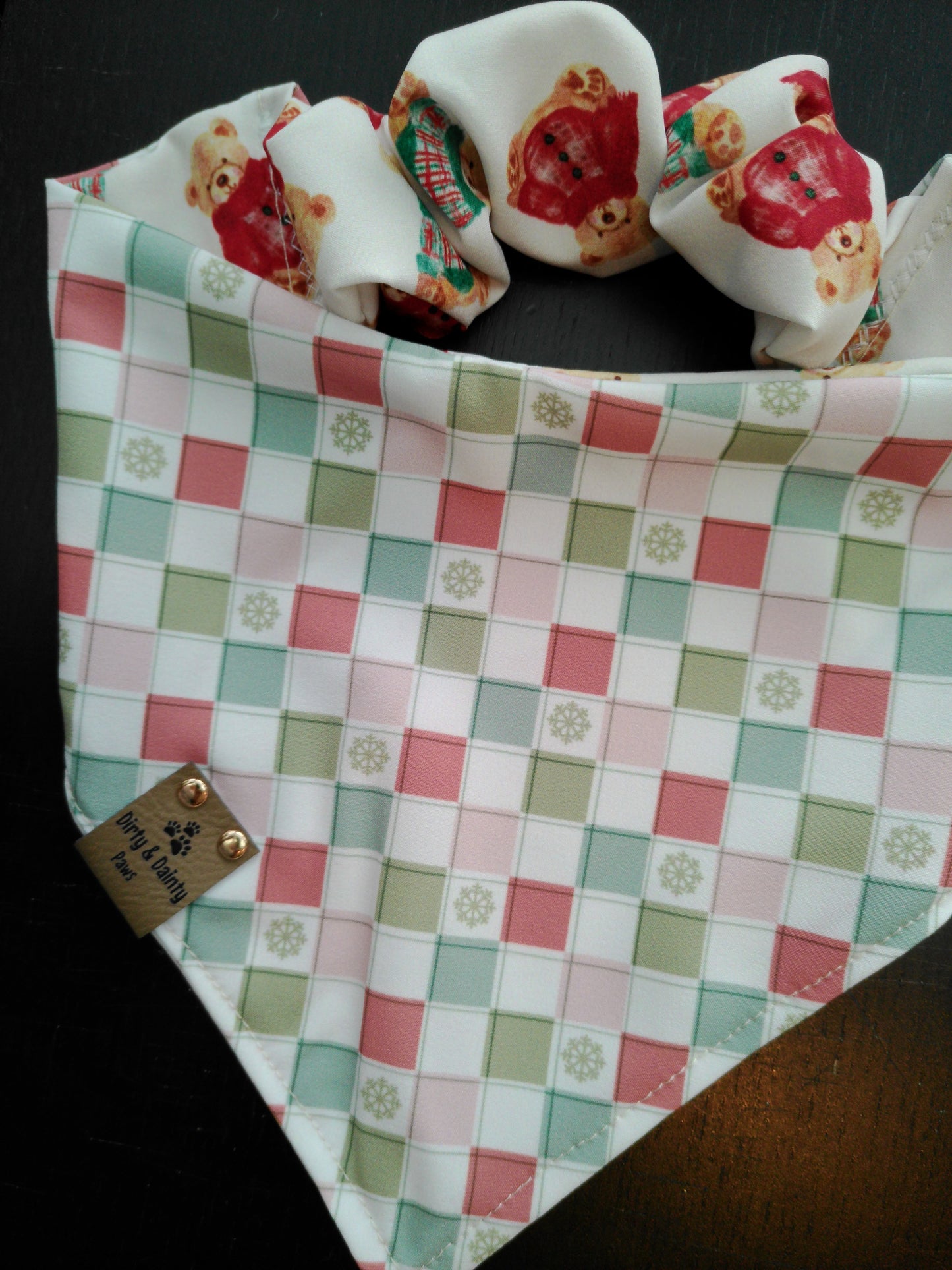 Cozy Teddy Bears| Neutral Plaid with Snowflakes ZoomieProof™ Reversible Scrunchie Dog Bandana